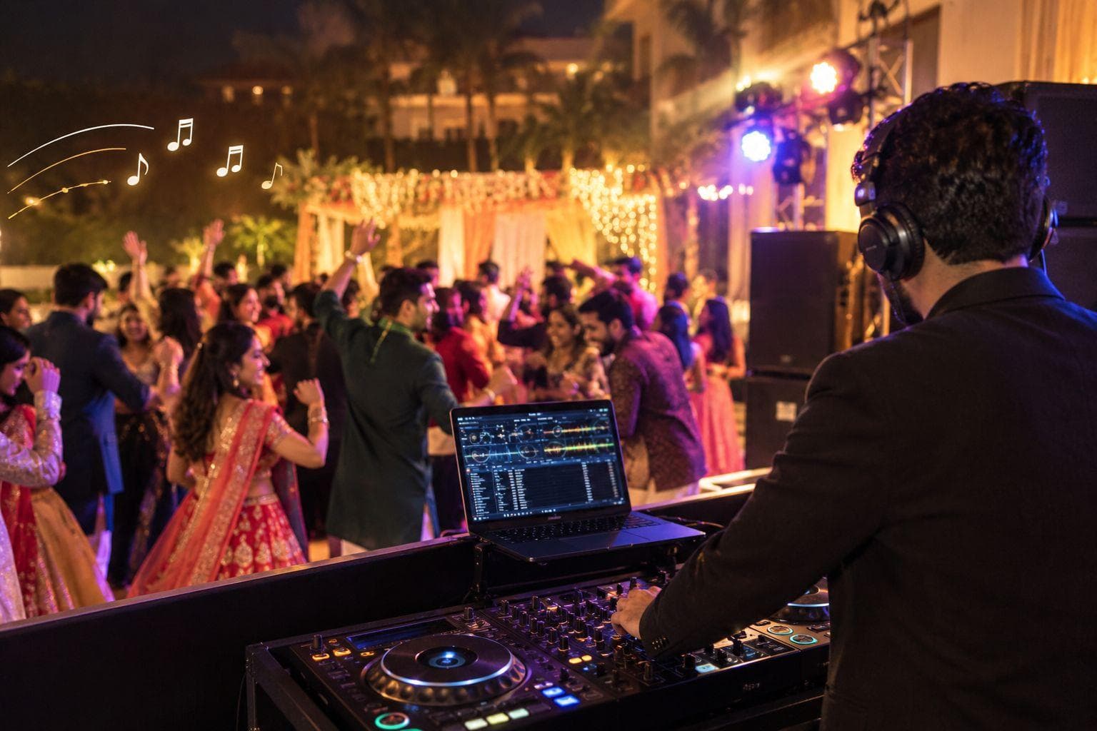 A DJ at the decks playing to a packed outdoor dancefloor of guests in lehengas and sherwanis at an Indian wedding reception.