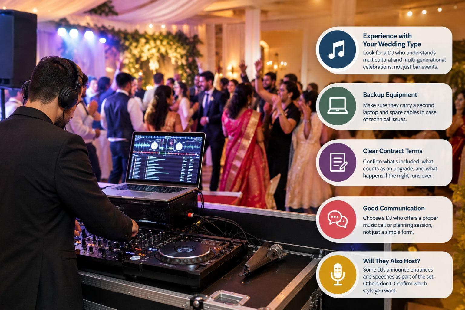 A wedding DJ at the decks with a full dancefloor behind, beside a list of five things to check: experience with your wedding type, backup equipment, clear contract terms, good communication and whether they also host.