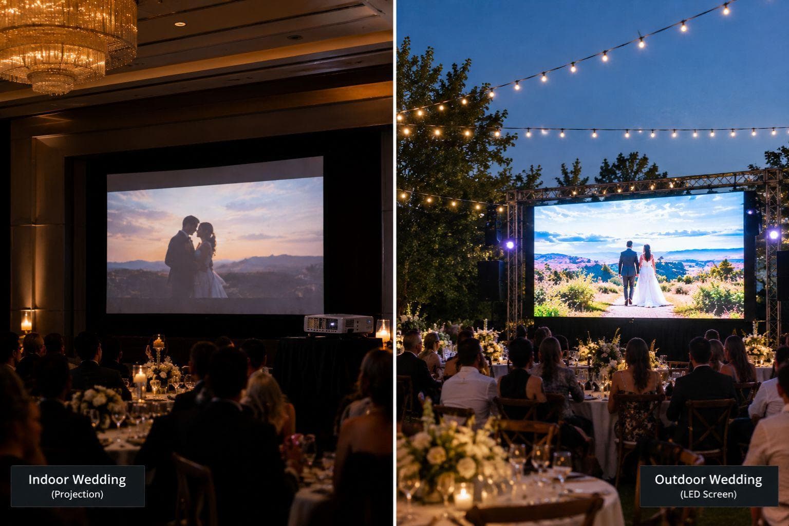 An indoor wedding using projection beside an outdoor wedding with an LED screen.