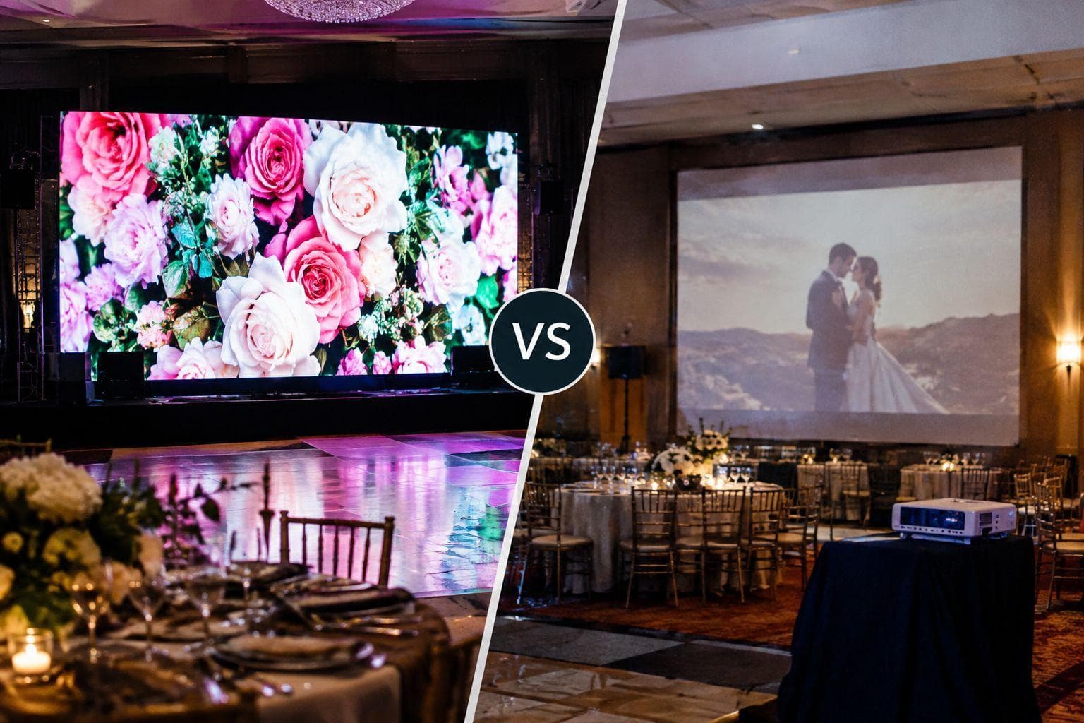 A bright LED wall and a projection screen displaying wedding visuals in reception venues.