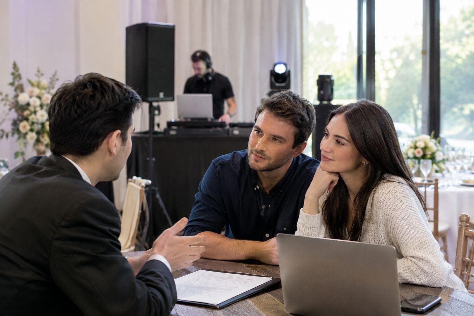A couple discussing their wedding DJ booking with a supplier at a reception venue.