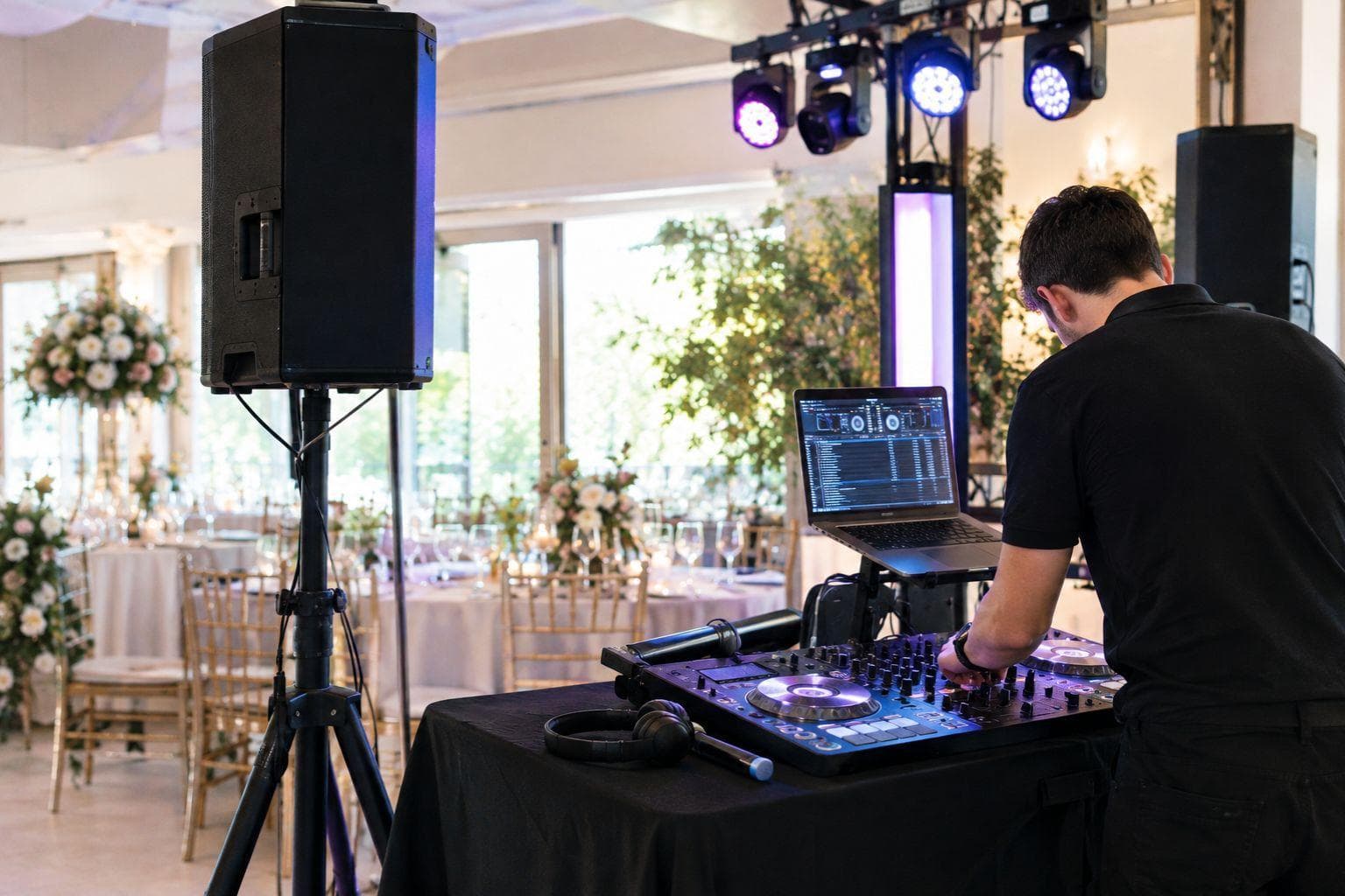 A wedding DJ checking a mixer and laptop beside speakers and stage lighting.