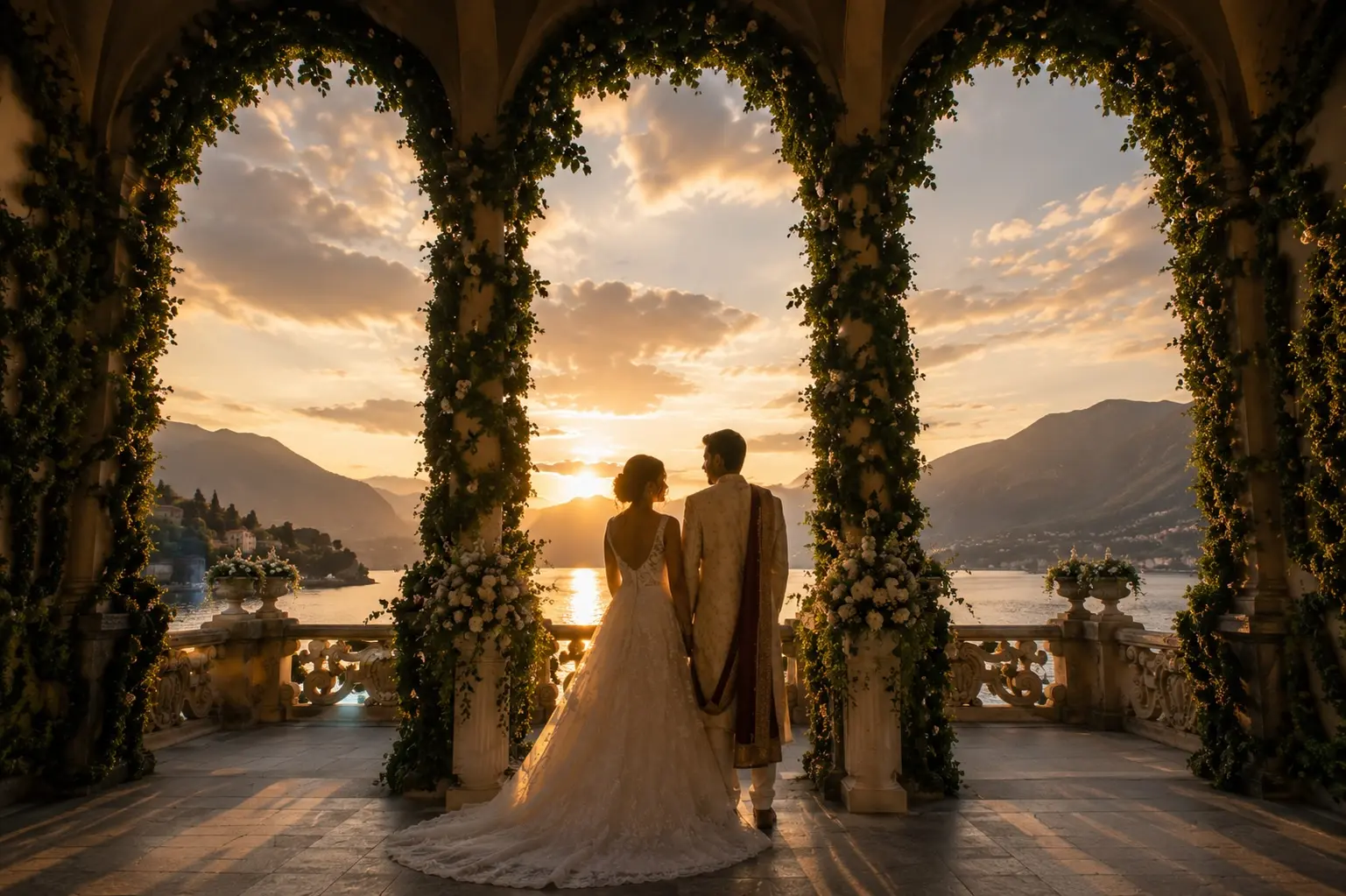 Bride and groom at a destination wedding overlooking an Italian lake at sunset, Kudos Music