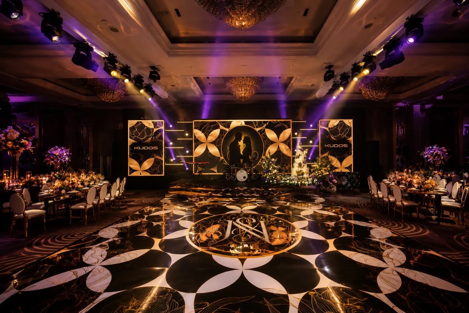 Kudos Music wedding production, stage, lighting and dancefloor at the Hilton Park Lane, London