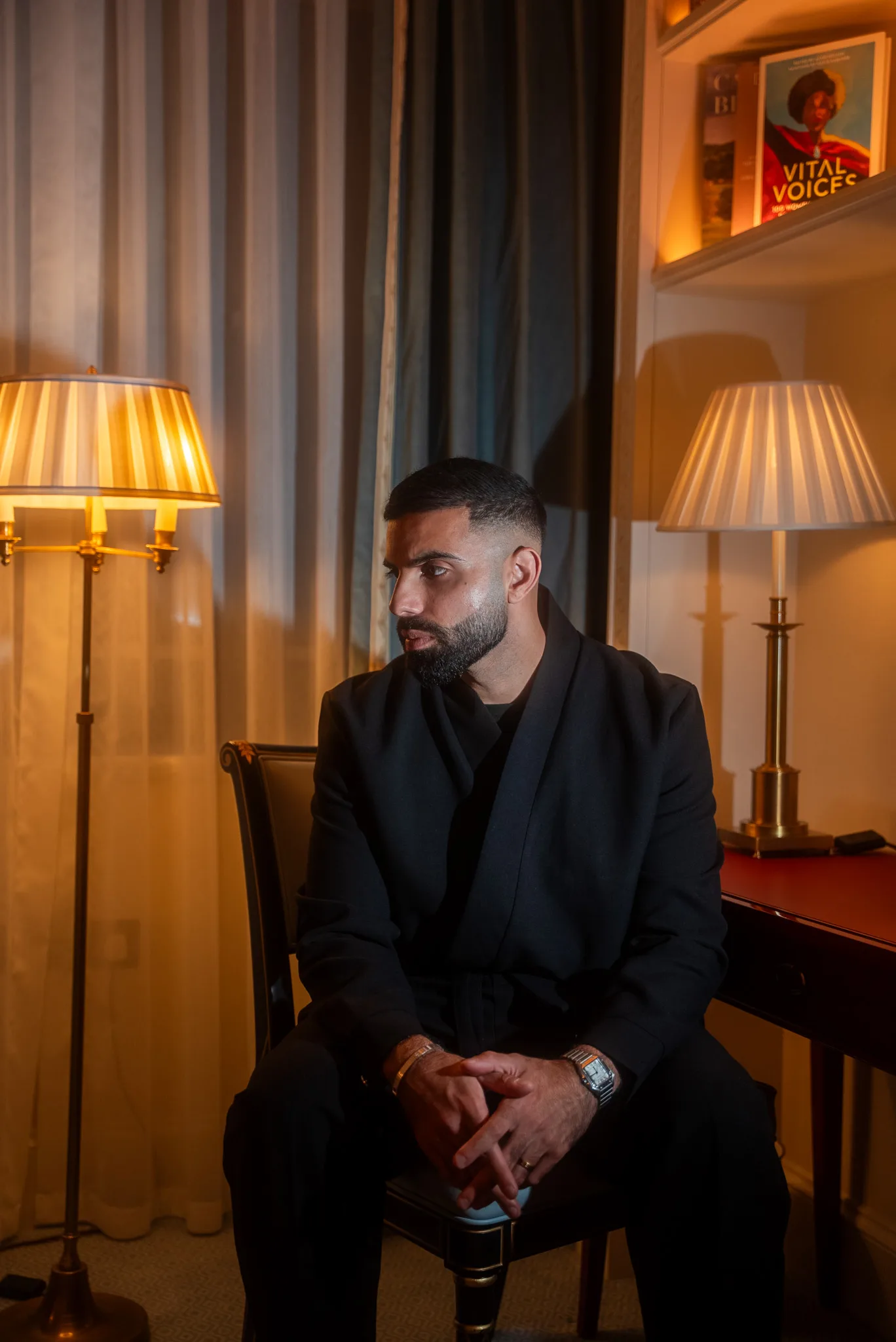 DJ Kabir, portrait in a luxury hotel suite, Kudos Music